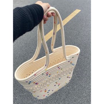 新款彩豆棉線編織菜籃子包2025個性可愛百搭度假風沙灘包單肩女包