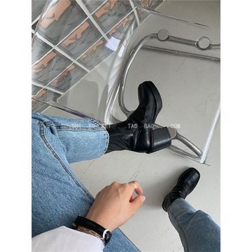 飾與美2023韓國東大門新款方頭防水臺粗高跟純色休閑側拉鏈短靴女