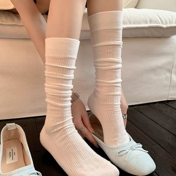 芭蕾風小腿襪子女春夏季款純色薄款網眼棉襪白色miu系長襪堆堆襪 襪子 出貨 白色襪子 女生襪子 白色長襪 長襪女 白長襪