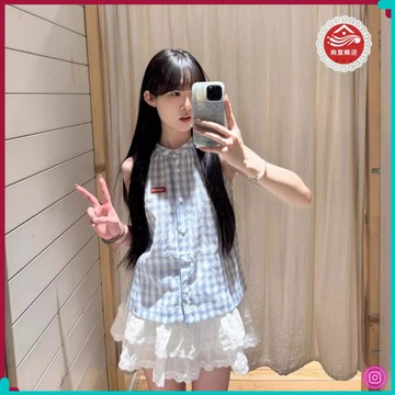 🎀修身上衣🎀藍色格子襯衫女2025夏季新款無袖法式絶美上衣高級感別緻漂亮小衫 LUHV