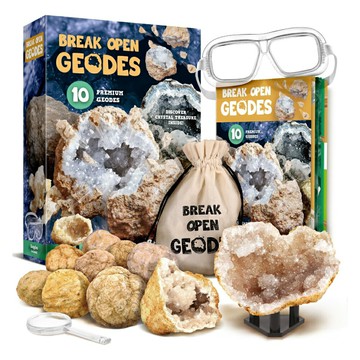 又敗家@XXTOYS雷公蛋剖石體驗挖掘水晶收藏家EDM029(隨機天然礦石10塊;附放大鏡.展示架)Break Open 10 Premium Geodes with Crystals成為小小地質學家
