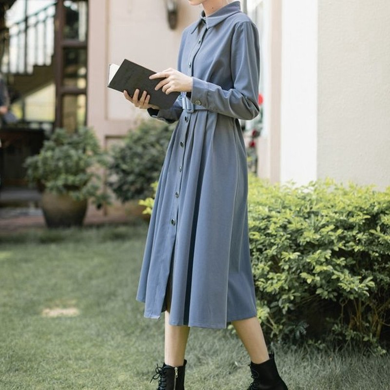 ワンピース レディース ロング スカート 秋 冬 長袖 ウエストマーク 英国風 襟付き 上品 無地 シンプル フロントボタン レトロ 通販 Lineポイント最大0 5 Get Lineショッピング