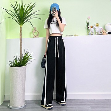 現貨+預購 長褲冰絲褲寬褲休閒褲闊腿長褲-高腰撞色直筒女褲子2色74fk29【獨家進口】【米蘭精品】