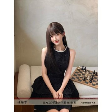 dryross原創 細閃鉆石領千金風小黑裙背心裙生日約會小禮裙連衣裙