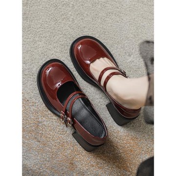 真皮瑪麗珍鞋女法式2025年新款粗跟酒紅色高跟婚鞋女厚底jk小皮鞋