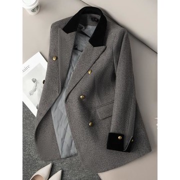 休閑加厚毛呢西裝外套女夾棉秋冬季氣質設計感復古灰色人字紋西服