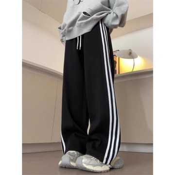 高個子三條杠闊腿運動褲女寬松直筒秋裝2025新款休閑條紋褲超長