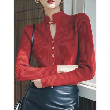 早秋獨特別致紅色立領毛衣針織打底衫女內搭設計感超好看長袖上衣