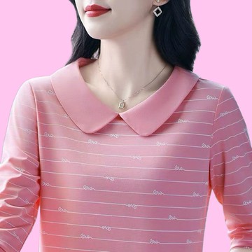 POLO領上衣 長袖T恤 上衣 媽媽裝長袖T恤女早秋中年媽媽裝洋氣Polo領上衣潮 大尺碼服飾 平價女裝 韓版女裝