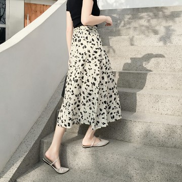 雪紡碎花半身裙中長款女2022春夏季新款高腰顯瘦a字長裙白色裙子