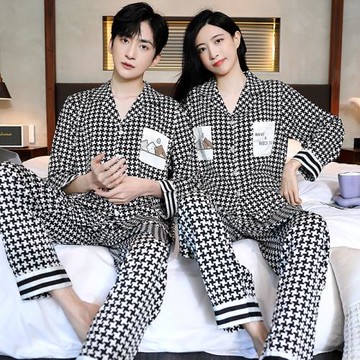 情侶睡衣春秋款長袖冰絲女甜美千鳥格青少年絲綢開衫男寬松家居服