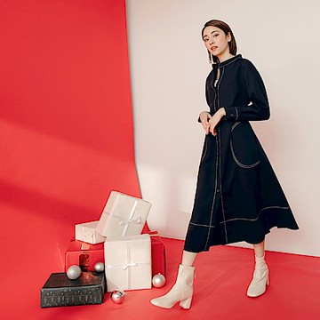 OB嚴選-不易皺撞色車線厚雪紡開襟長洋裝(附綁帶)