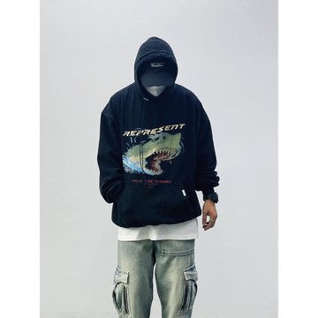 美式水洗做舊寬松represent鯊魚連帽衛衣男古著vintage復古外套潮