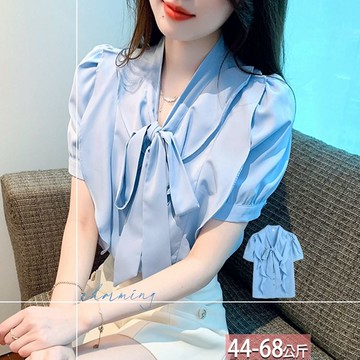 V領蝴蝶結荷葉雙領片泡泡袖襯衫 M-2XL【742054X】【現+預】☆流行前線☆