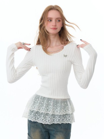 ziziFei秋冬季美式設計感小眾鏈條拼接蕾絲上衣白色針織打底衫女