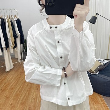 【🍒櫻桃大尺碼】大尺碼襯衫 秋裝立領小黑扣純棉長袖襯衫女百搭減齡上衣2024新款通勤休閑襯衣
