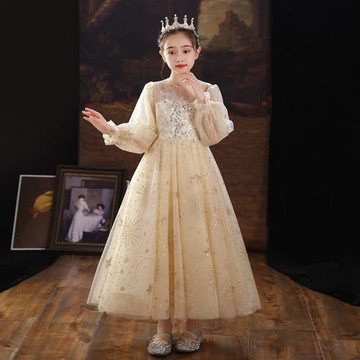 女童生日公主裙洋氣甜美蓬蓬紗兒童鋼琴演奏禮服花童超仙婚紗長袖