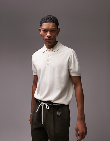 Topman knitted pointelle button through polo in stone-Neutral