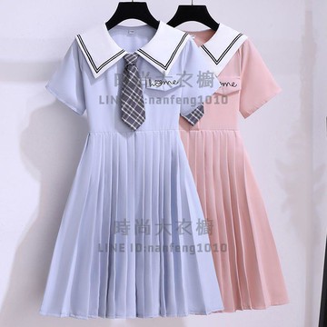 女童連身裙學院風夏季短袖洋裝中大童冰絲雪紡公主裙百褶裙【時尚大衣櫥】