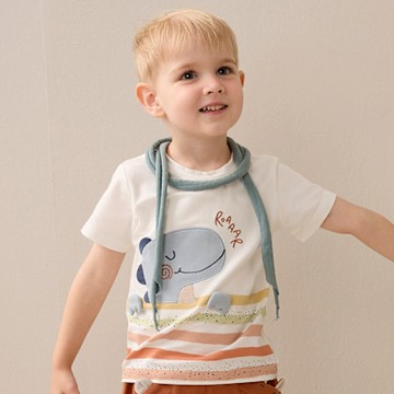 PIPPY悠閒小恐龍彩條圓領棉質上衣 白-120