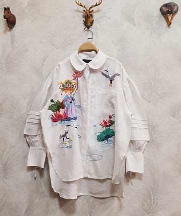 襯衫，手工刺繡，可愛圖案，亞麻材質，狐狸圖案，中國風服飾，蓮花。