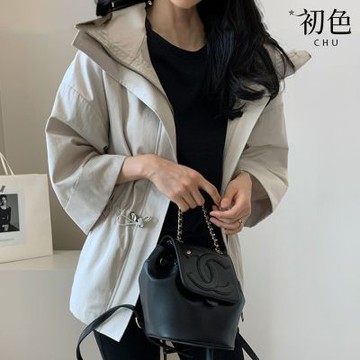 初色 簡約純色抽繩收腰連帽拉鍊落肩長袖夾克風衣外套女外套-共3色-16095(F可選)