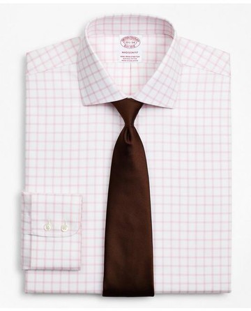 Brooks Brothers Men's Stretch Madison Relaxed-Fit Dress Shirt, Non-Iron Twill English Collar Grid Check | Pink | Size 14½ 32