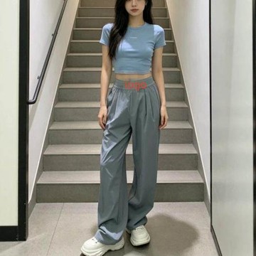 跨境外貿al速賣通o春夏休閑運動休閑長褲梭織闊腿高腰針織涼感輕