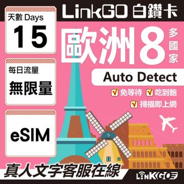 LINKGO白鑽卡 歐洲8國 eSIM卡 15天上網卡 無限流量吃到飽不降速 (歐洲網卡 西班牙 德國 奧地利 英國)