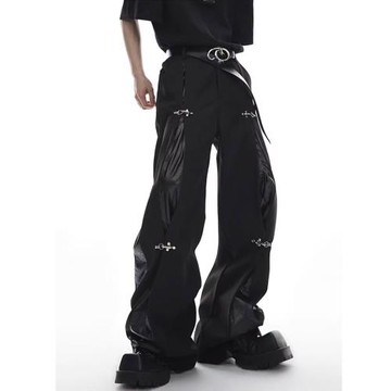 潮牌高街褲子男設計感小眾美式痞帥炸街西褲微喇闊腿直筒休閑皮褲