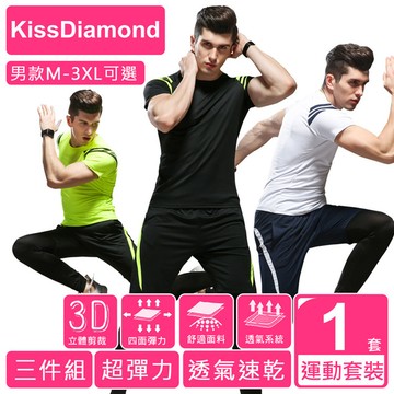 美國爆款超彈力透氣速乾運動套裝三件組(T恤+短褲+壓力褲/套裝/M-3XL)