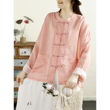 千秋飛燕新中式拼色盤扣苧麻開衫女26年春季新款寬松立領防曬外套