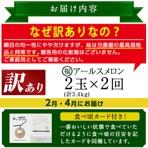 ＜訳あり！定期便・全2回(2月・4月)＞マル福の高級アールスメロン(2玉×2回・計6.8kg)