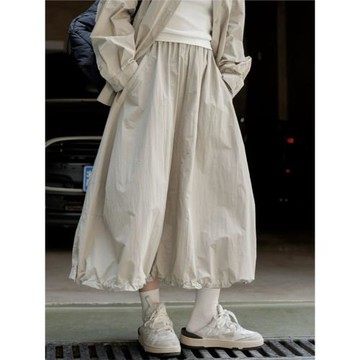 日系山系卡其色高腰半身裙秋季新款工裝寬松半裙松緊腰a字傘裙女