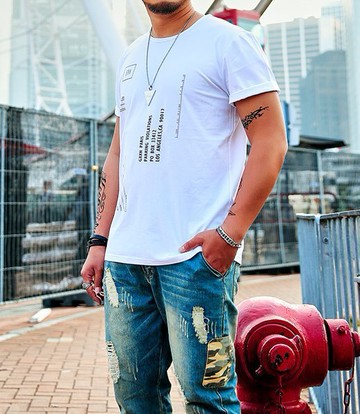 FINDSENSE H1 2018 夏季 新款 潮胖子 簡潔字母印花  加肥 加大碼白色T恤寬鬆短袖 時尚休閒上衣 潮男