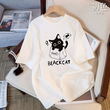 初色 簡約卡通可愛貓咪印花寬鬆圓領短袖T恤上衣女上衣-共2款5色-11566.11567(M-3XL可選)