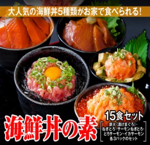 プレミアム認定のお店！海鮮丼１5食セット（マグロ漬け3p・ネギトロ3P サーモンネギトロ3p トロサーモン3p イカ3P）