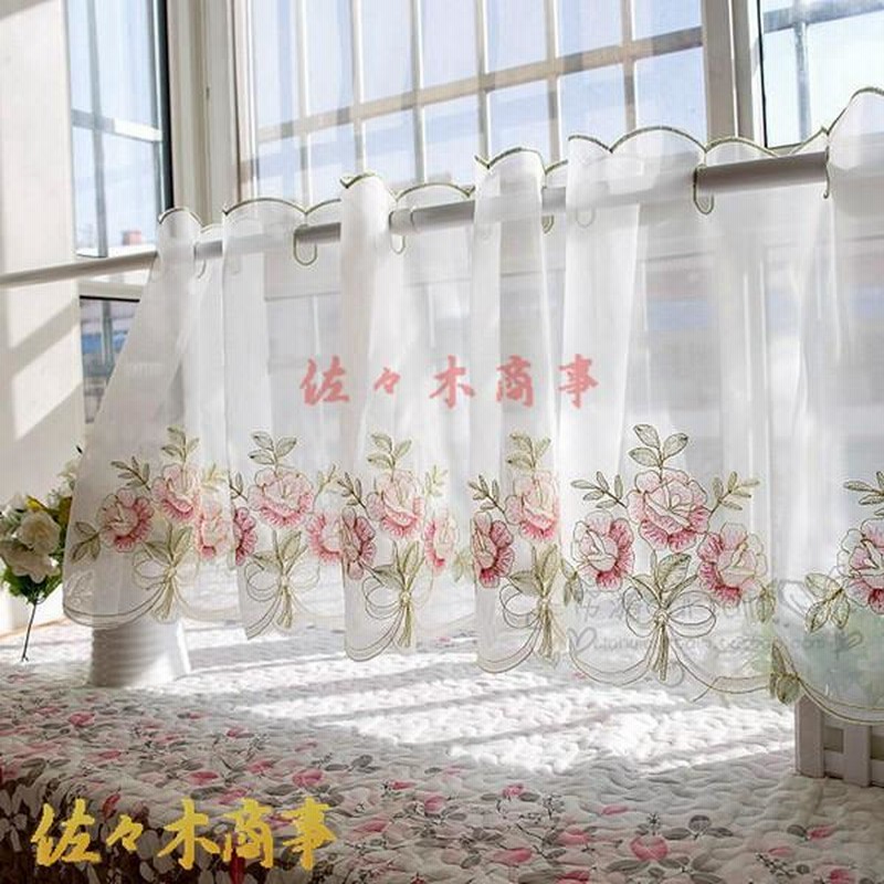 カフェカーテン 刺繍 花柄 フラワー 田園風 遮光 小窓カーテン
