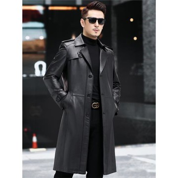 秋冬新款海寧真皮皮衣男綿羊皮長款過膝皮風衣西裝領薄款單皮外套