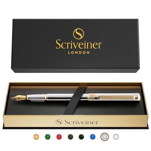 Scriveiner 最高級 プレミアム 万年筆 (シルバークローム) 魅力的な美しさ 24K金仕上げ Schmidt 18K 金メ