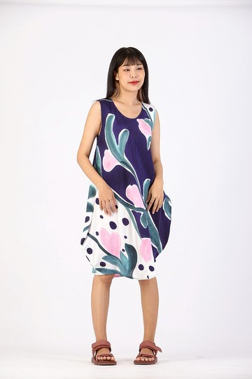 Short Dress Cotton Silk Hand Paint For Summer Beach Vacation