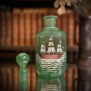 法國 19 世紀末手繪航海主題・手工吹製裝飾性儲酒玻璃瓶