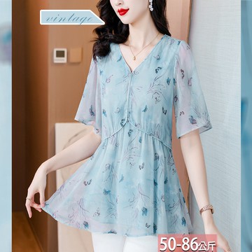 V領蝴蝶花卉印花雙車線收腰上衣 L-5XL【823802X】【現+預】☆流行前線☆