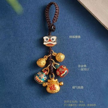 💥臺灣有貨🌈免運!💥吞金沙金古法鑰匙扣掛飾財神爺一家三口高檔四口汽車掛件之家包