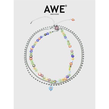 AWE三層疊戴彩色琉璃小花串珠項鏈敖子逸同款花朵吊墜頸鏈鎖骨鏈