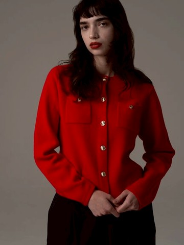 紅色系列雙口袋設計金釦開襟罩衫(0F001381310) - Te chichi