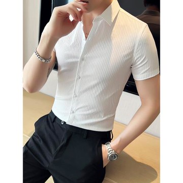 冰絲襯衫男短袖夏季高級感痞帥2025新款男士襯衣修身高端休閑白寸