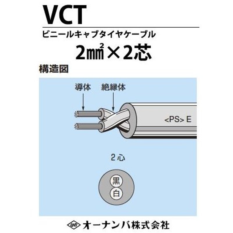 オーナンバ】ビニルキャブタイヤケーブル（VCTケーブル）VCT 2sq2芯 