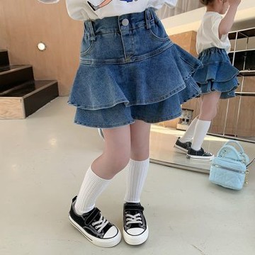 荷葉層層裙擺牛仔裙 褲裙 短褲 短裙 牛仔短褲 丹寧 褲子 大童 女童 兒童 童裝【BB0351】