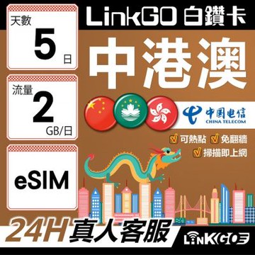 LINKGO白鑽卡 中港澳 eSIM卡 5天上網卡 每日2GB 無速流量 免翻牆可熱點(中港澳網卡 中國 大陸 香港 澳門 虛擬卡)